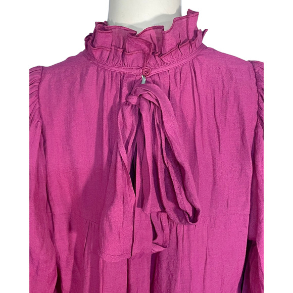 Entro Sz L Tiered Dress High Neck Peasant Sleeve Tie Back Orchid Pink Flowy Boho - Picture 7 of 9